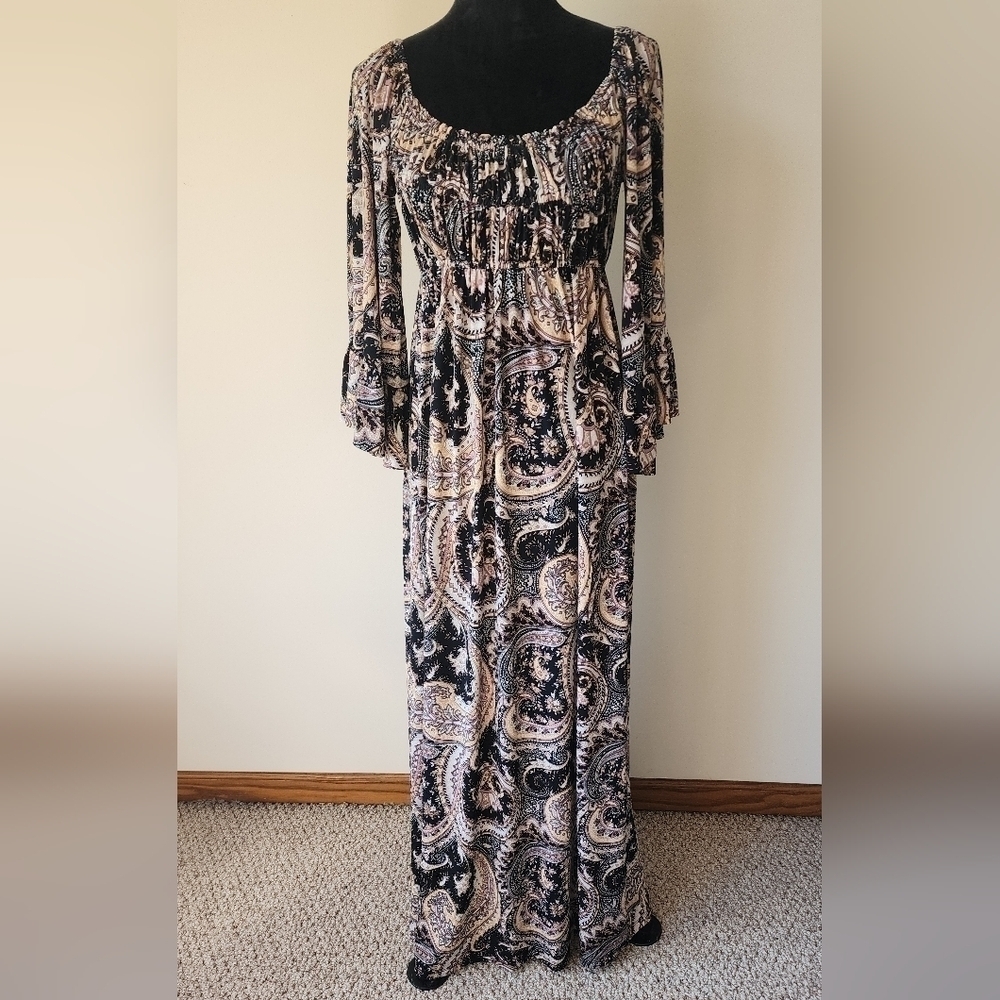 Boston Proper Paisley Black/Gold Maxi Dress Women's Size 6.